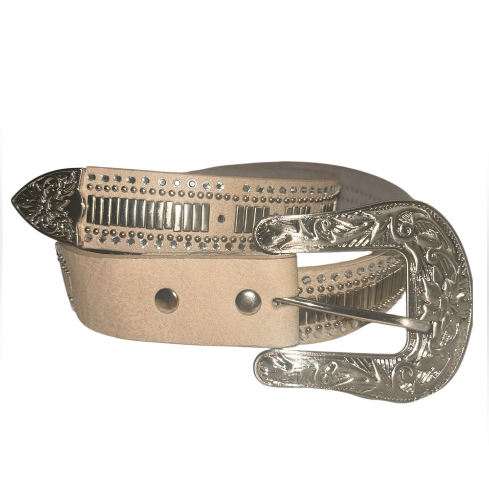 Silver and Rhinestone Embellished Khaki Tan Leather Belt  Sz L NWOT